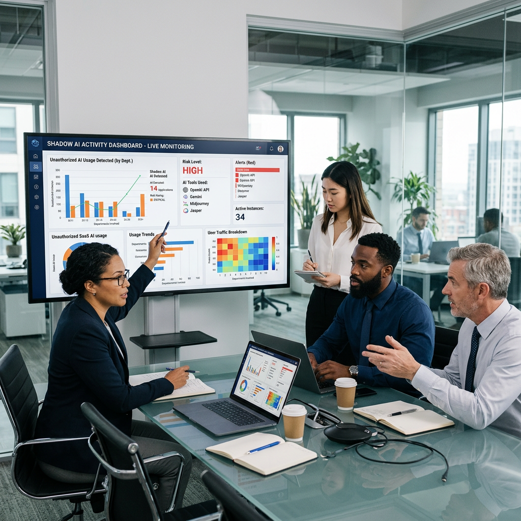 Business team reviewing dashboard showing unauthorized AI use, high risk, and active instances